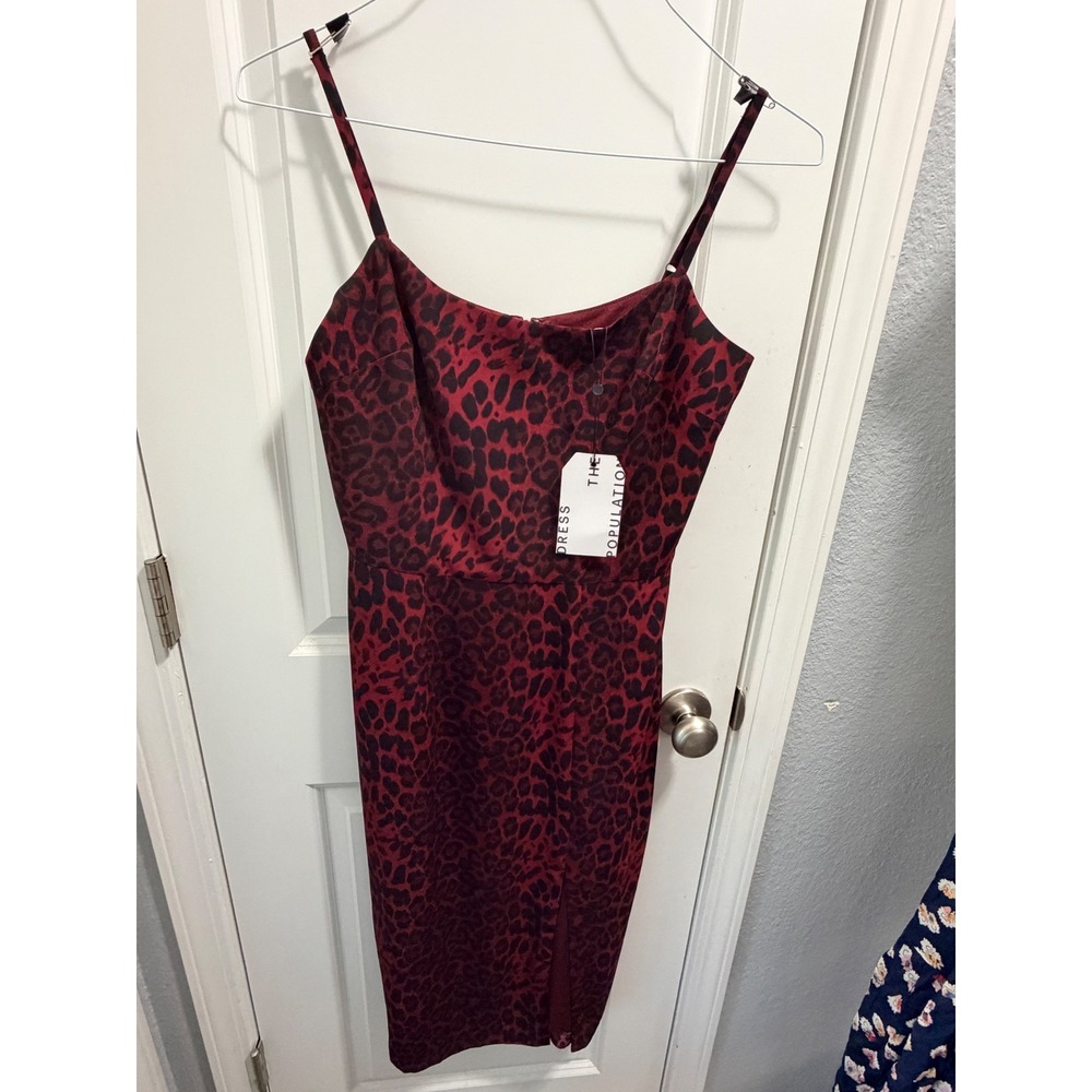 Dress The Population Shaireen Burgundy Leopard Midi Slit Dress DDRA93-W140 NWT M